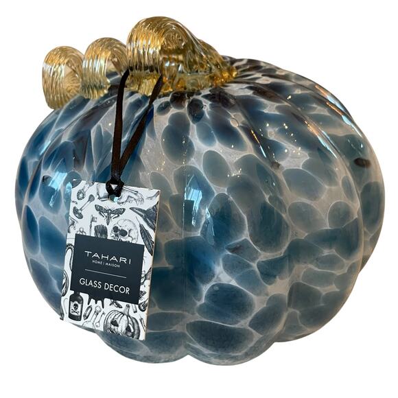 TAHARI Hand Blown Art Glass Pumpkin Blue Spotted Amber Stem Chic Fall Decor NEW - Picture 2 of 16
